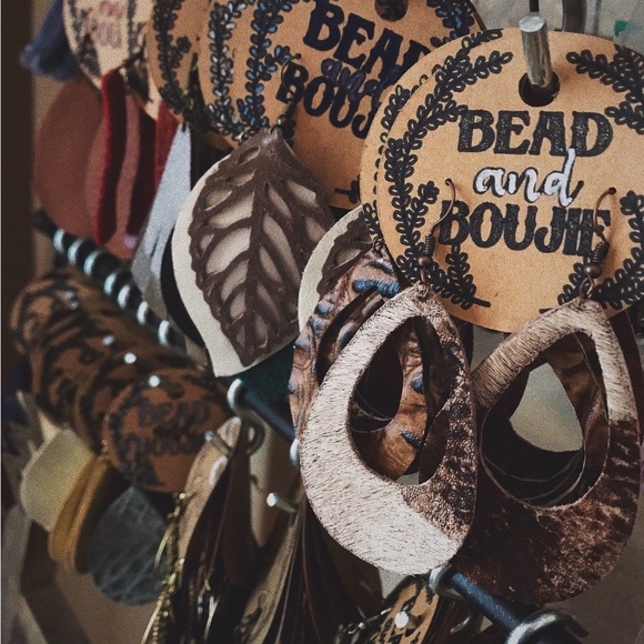 Genuine Brown & White Cow Hide Leather Cut Out Teardrop Dangle Earrings - Picture 9 of 12